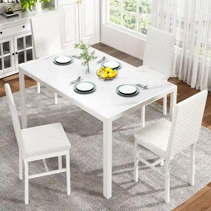 Modern Dining Room Table with Tempered Glass Tabletop and Diamond Stitching PU Leather Chairs