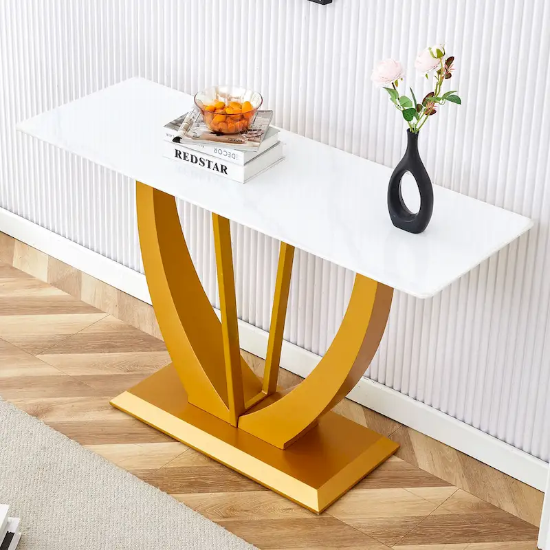 Walnut / White / Gold Rectangular Glass Console Table, Modern Style, 1-Person