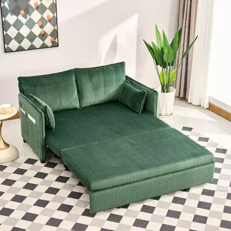 3-in-1 Corduroy Convertible Sofa Bed with USB and Side Pocket Storage, Twin Pull Out Sleeper Couch for Guest Room or Apartment - Panipeachy