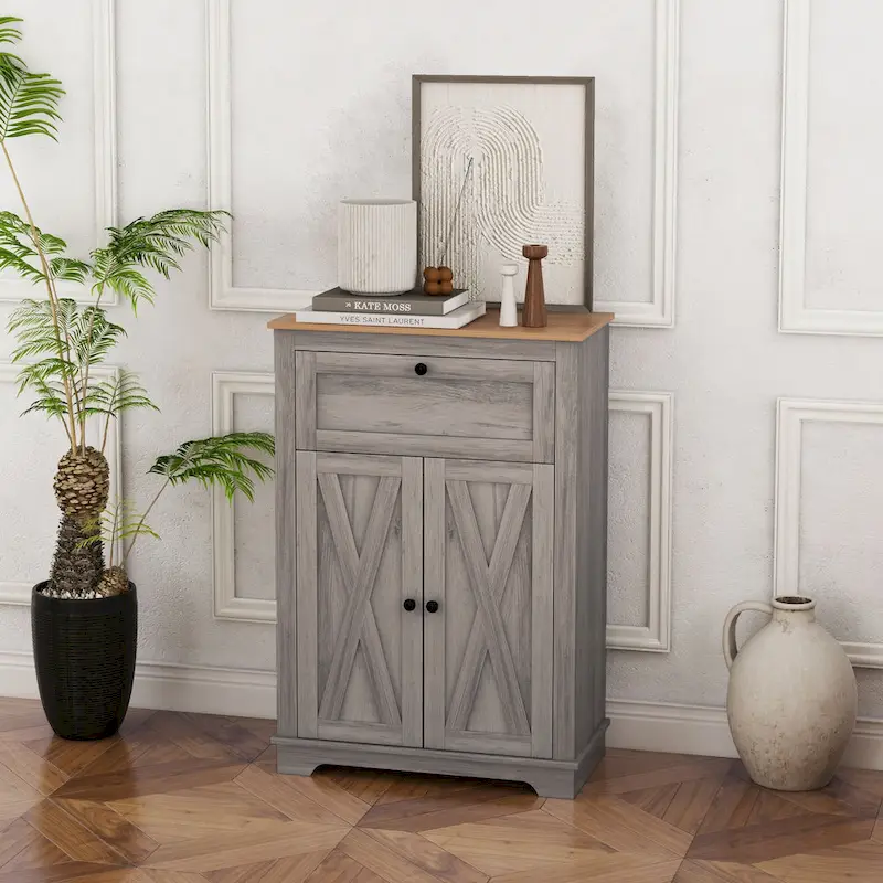 Farmhouse Barn Door Accent Cabinet, Kitchen Sideboard Storage Cabinet with Double Doors, Drawer, and Adjustable Shelf
