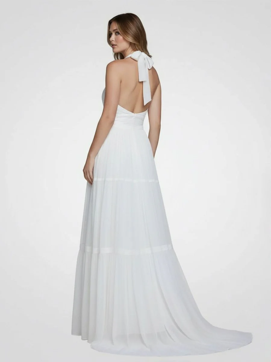 Bohemian Halter A Line Tulle Brush Train Wedding Dress with Ruching