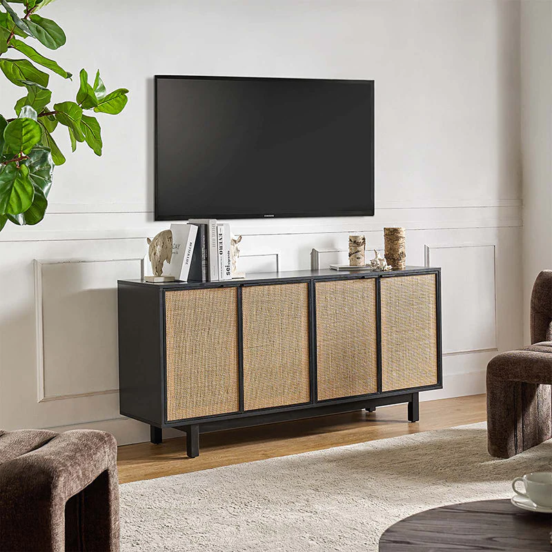 63 in Rattan Mesh 4-Door Sideboard with LED Light, Adjustable Shelf & Cable Management | Black / Walnut | Single