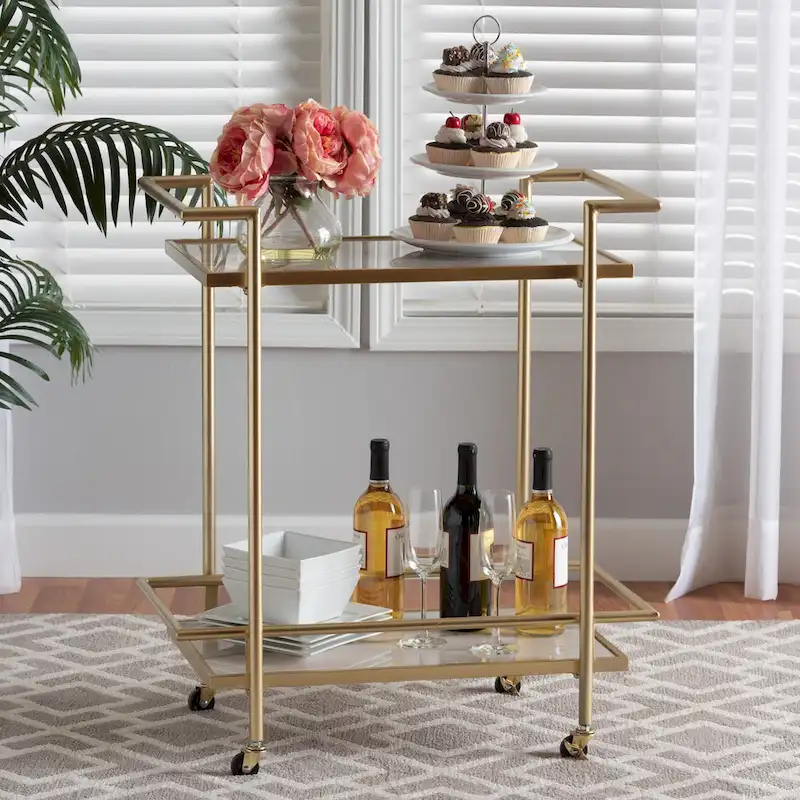 Louise Contemporary Glam and Luxe Gold Metal and White Marble 2-Tier Wine Cart