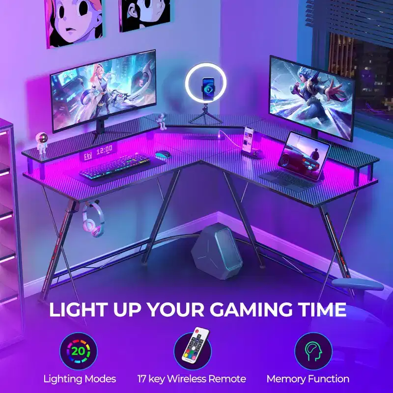Greenstell L-Shaped Desk 50.4 inch - Carbon Fiber Surface with LED Light & Power Outlets, Gamer Table with Monitor Stand & Headphone Hook