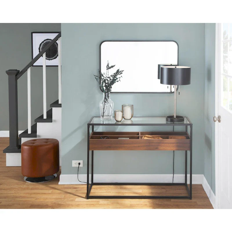 Walnut and Black / Natural and White Tempered Glass Top Console Table with Wood Storage Compartments – 43.25 in