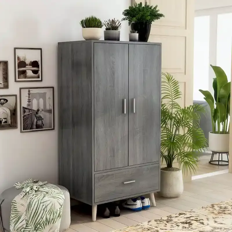 DH BASIC Mid-Century Modern Distressed Grey 1-Drawer Wardrobe Armoire by Denhour