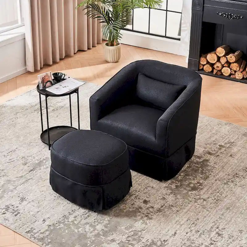 Swivel Barrel Chair With Ottoman, Swivel Accent Chairs Armchair, Reading Chairs, Round Barrel Chairs with Black Metal Base