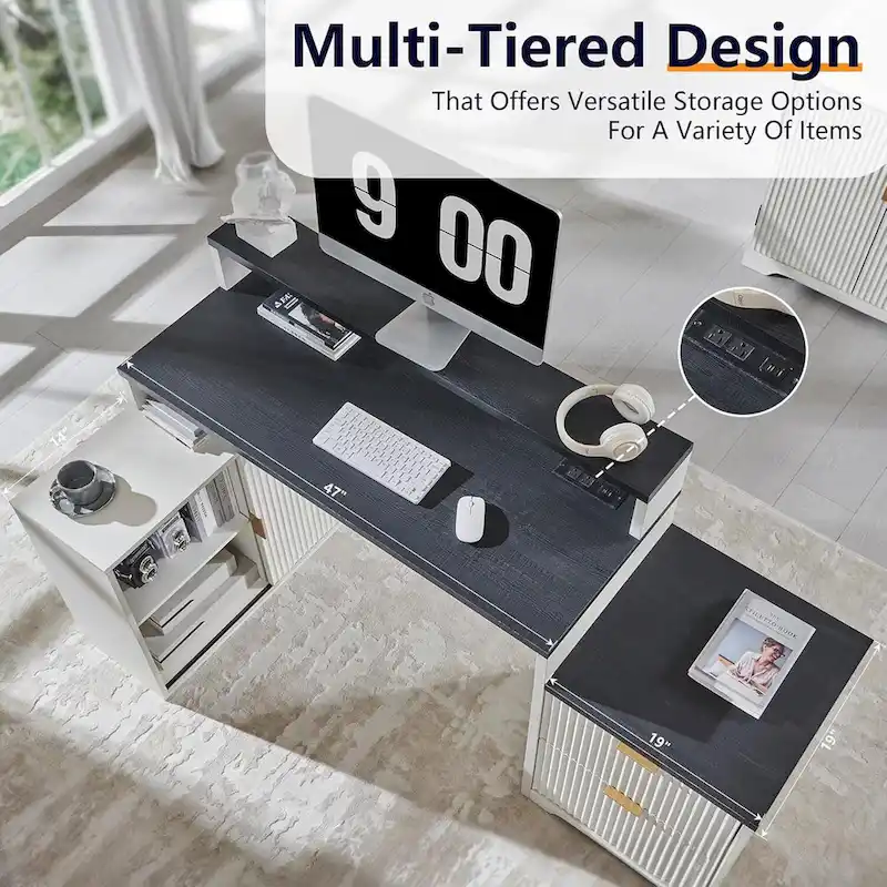 67 Modern L Shaped Desk, Wood Home Office Desk with Charging Station