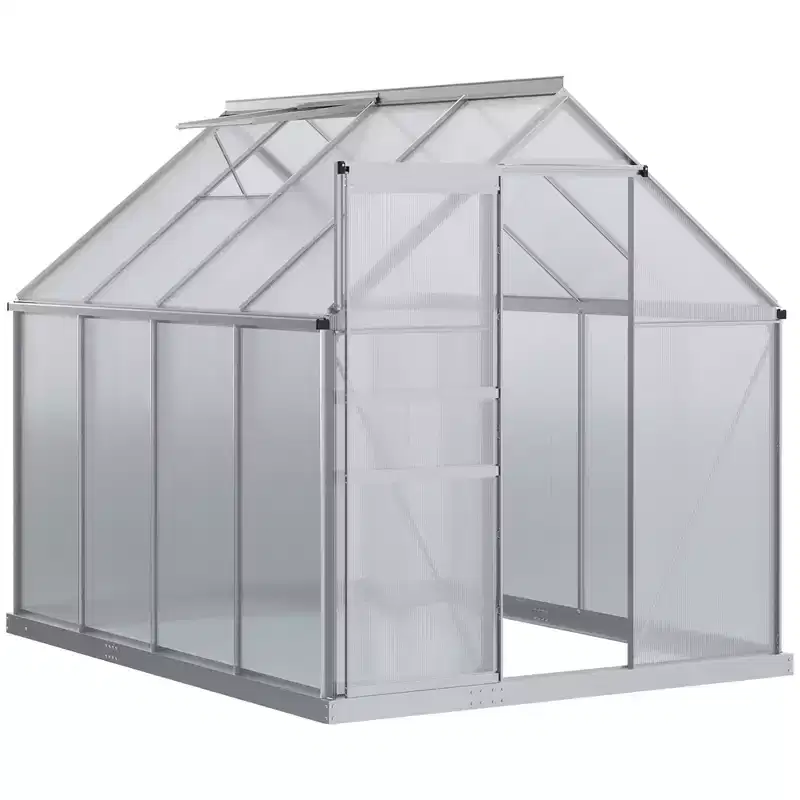 Polycarbonate Greenhouse with Aluminum Frame, Walk-in Heavy Duty Green House with Adjustable Roof Vent, Rain Gutter and Sliding Door
