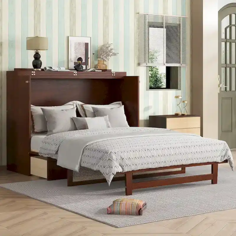 Queen Size Murphy Cabinet Bed, Rattan Decoration, Storage Drawer, Pine & MDF, Walnut, 2-Person Use