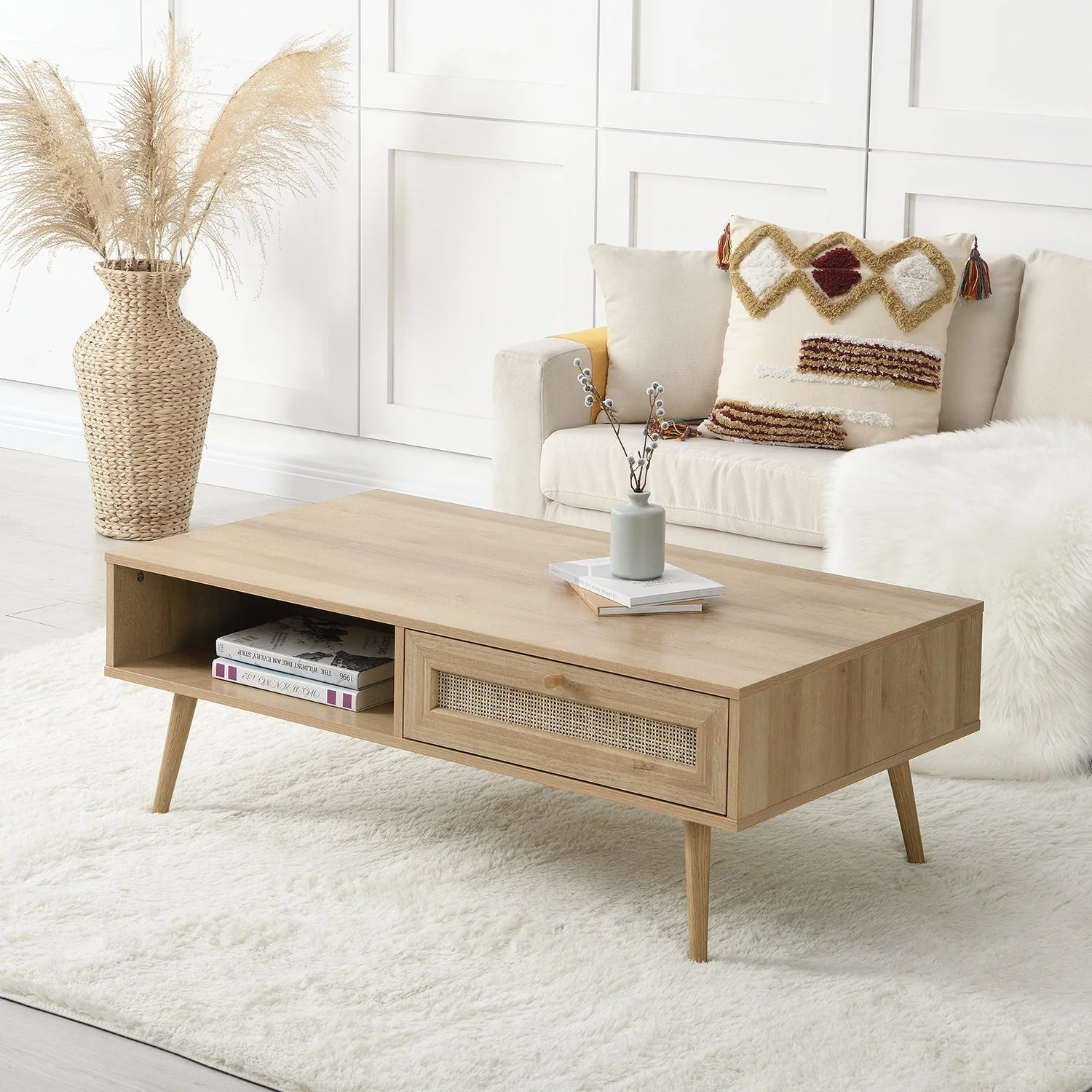 Woven Rattan Wooden Coffee Table in Natural