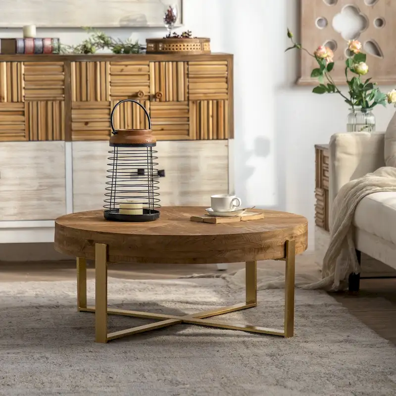 31 Round Coffee Table Solid Fir Wood Top Cross Legs Retro Splicing Natural Finish