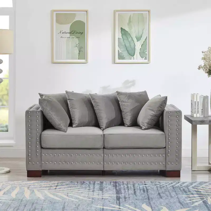 MAYEERTY 60.5 Modern Loveseater Sofa with Silver Nails Square Armrest Upholstered Velvet for Living Room Gray