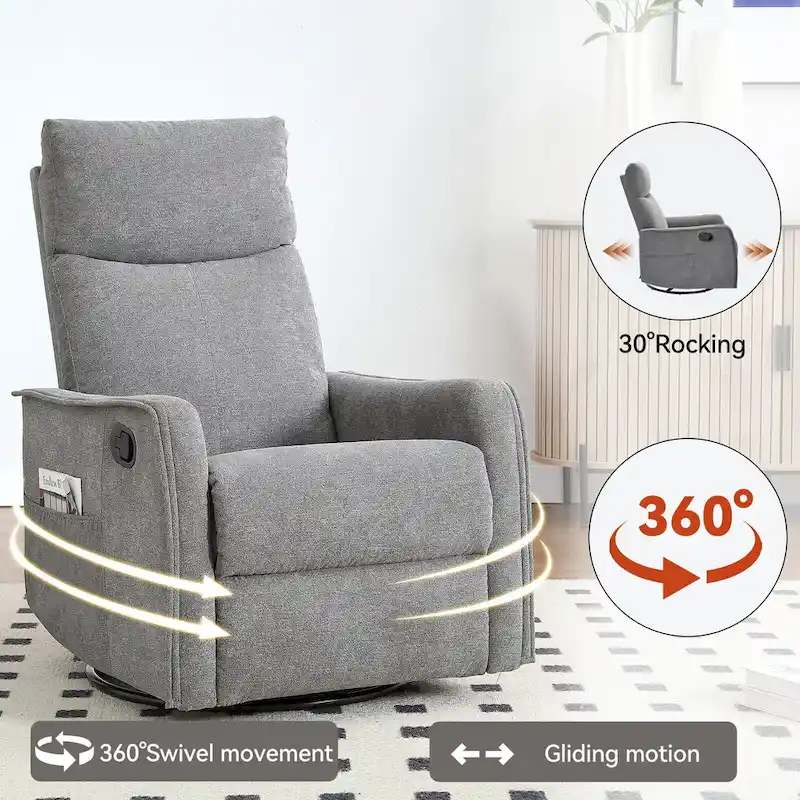 8 Point Massage Manual Recliner Chair Fabric Swivel Rocking Chair Single Sofa Armchair with Rocker and Lumbar Heating