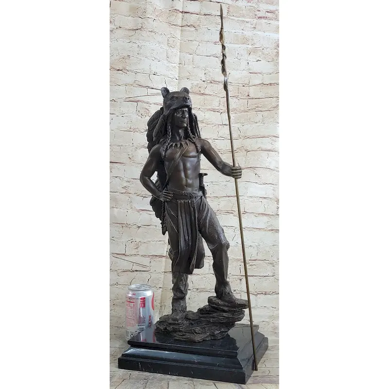 Native American Indian Warrior In Bear Skin Headdress Bronze Statue Sculpture Figure 22 Inches X X11 Inches