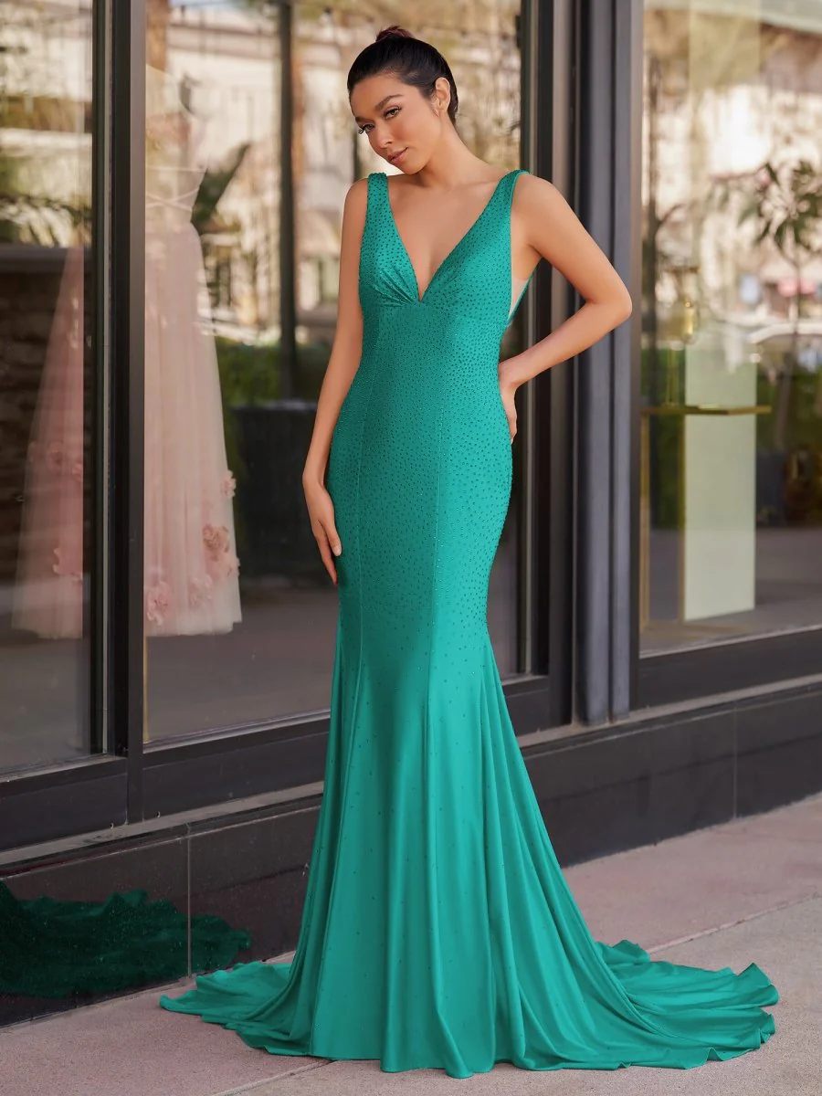 Mermaid Deep V-Neck Beaded Satin Long Prom Dress