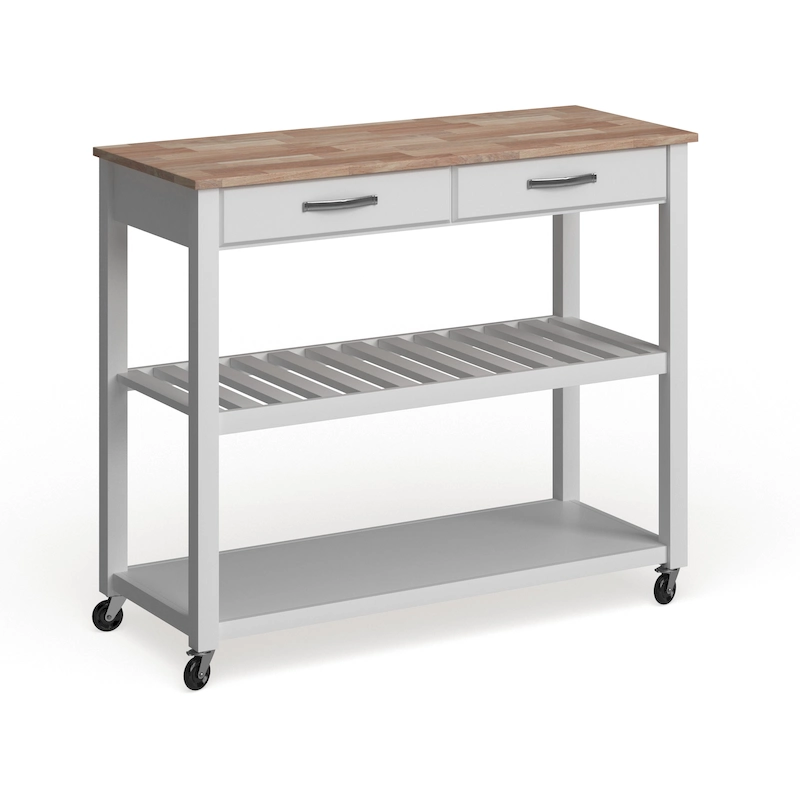 Natural Wood Top Kitchen Cart/ Island With Optional Stool Storage in White Finish - 17d x 43w x 35h