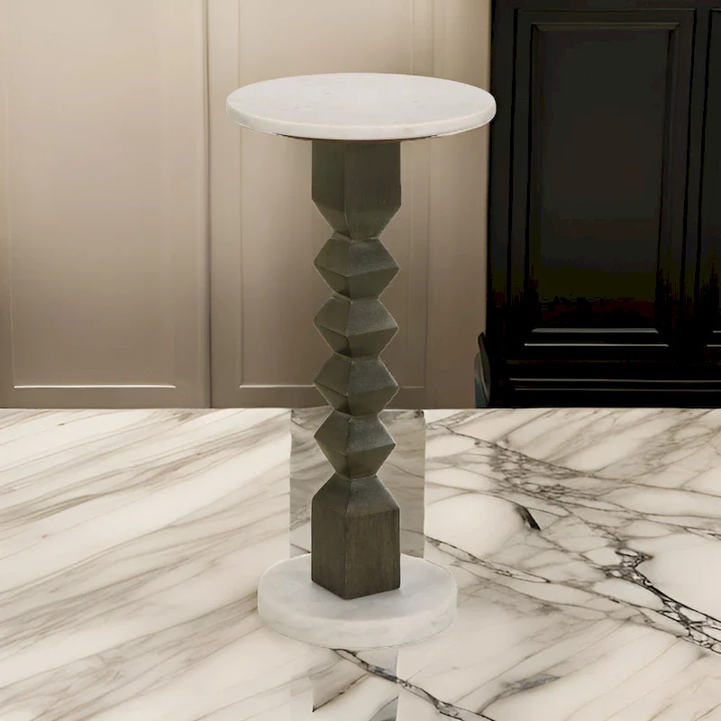 Drink Side Table, 11 Inch Round Marble, Spindle Pedestal Base, White, Gray