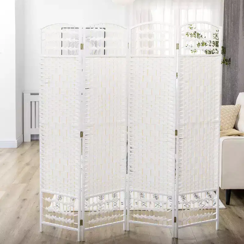 MAYEERTY 4 Panel Room Divider Folding Privacy Screen Wave Fiber Freestanding Partition Wall Divider for Home White