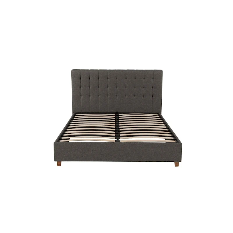 Grey Linen / Black Faux Leather Square Tufted Upholstered Bed Frame with Wood Slats – 1 to 2-Sleeper
