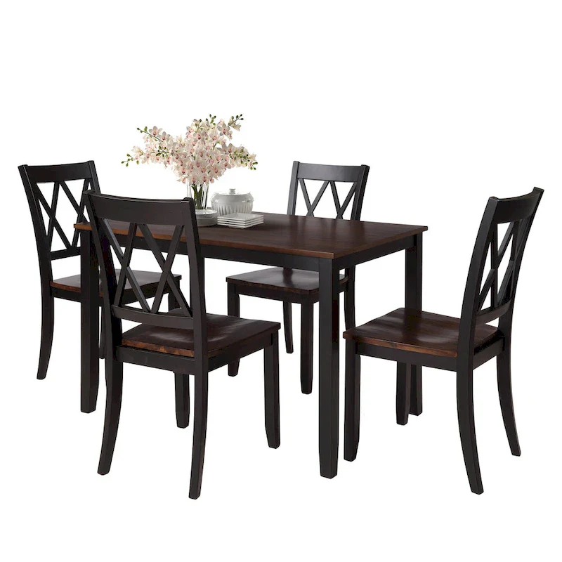 Black 5-Piece Wooden Dining Table Set with Rectangular Table & 4 Chairs