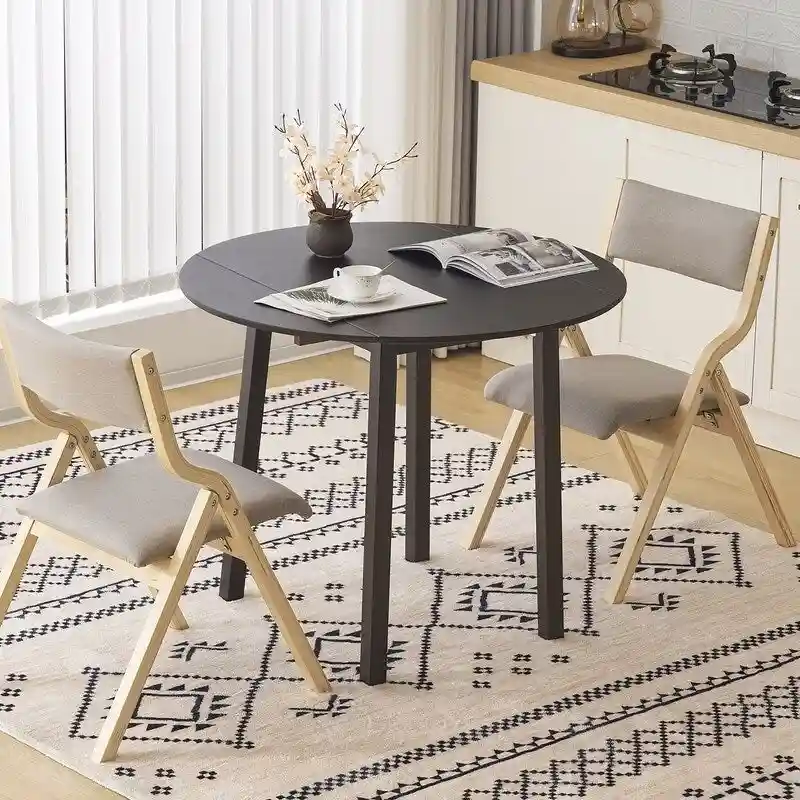 Round Drop Leaf Dining Table with Foldable Leaves