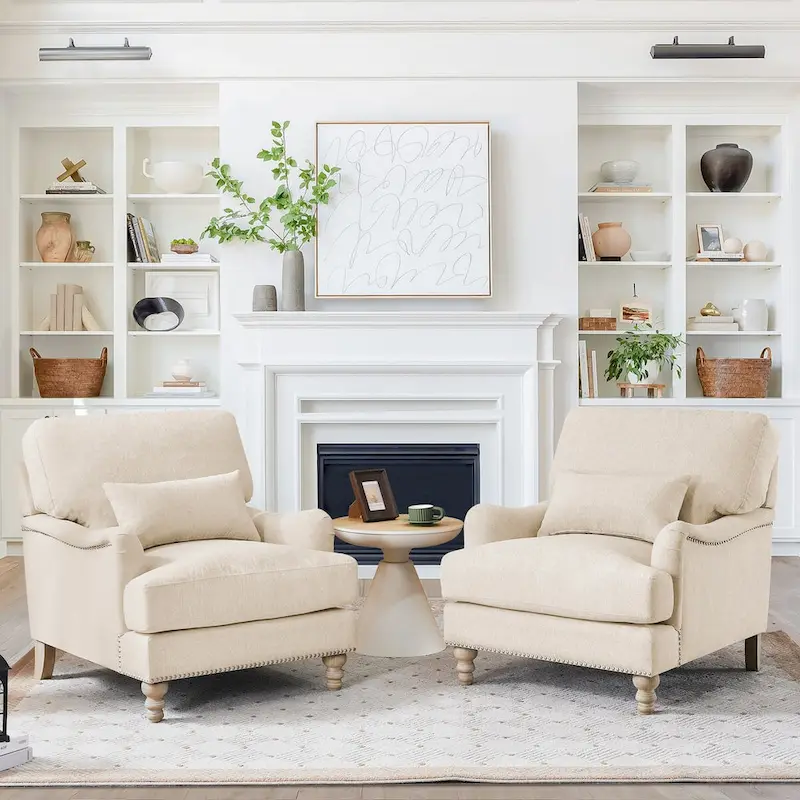Modern Arm Accent Chair Upholstered Solid Wood Frame Accent Chairs with Lumbar Pillow for Living Room
