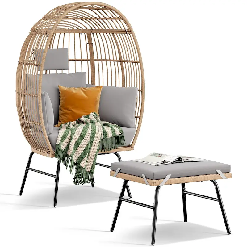 Wicker Egg Chair with Ottoman – 2-Person Outdoor Patio Set