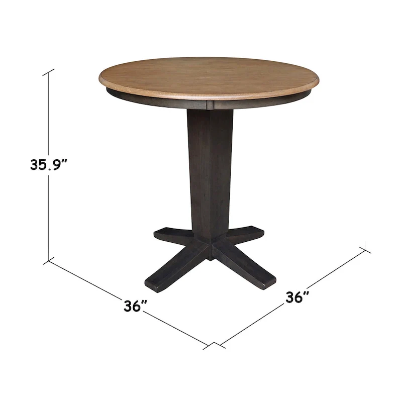 Round Solid Parawood Counter Height Pedestal Dining Table – Black / White / Distressed Oak / Unfinished / Hickory