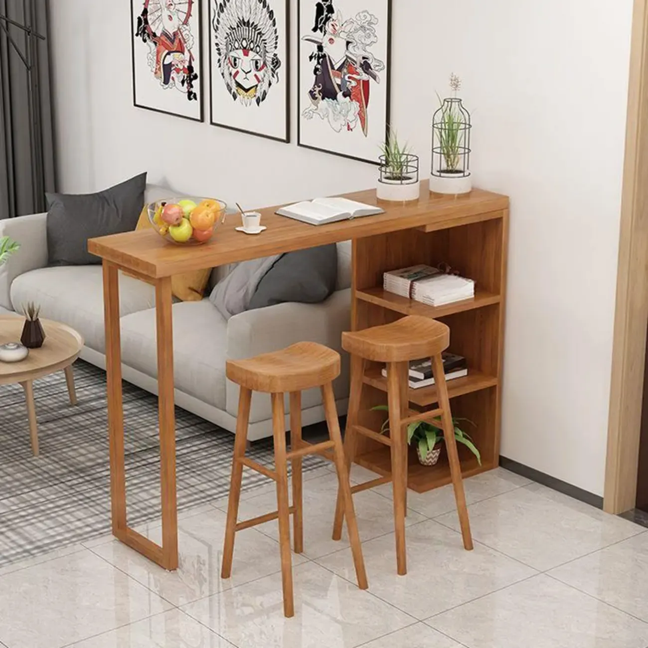 Modern Wooden Bar Height Table with Side Cabinet