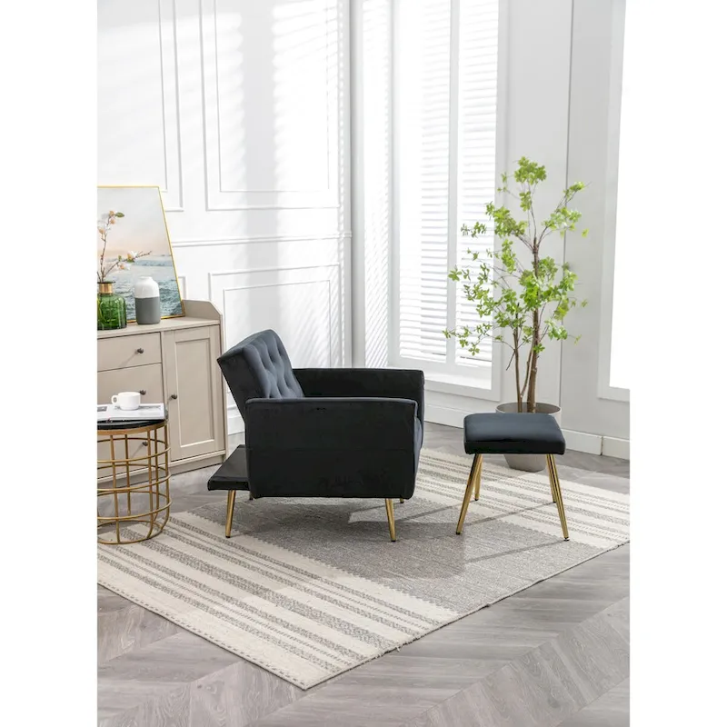 Velvet Accent Chair with Adjustable Armrests and Backrest, Button Tufted Lounge Chair, Single Recliner Armchair with Ottoman