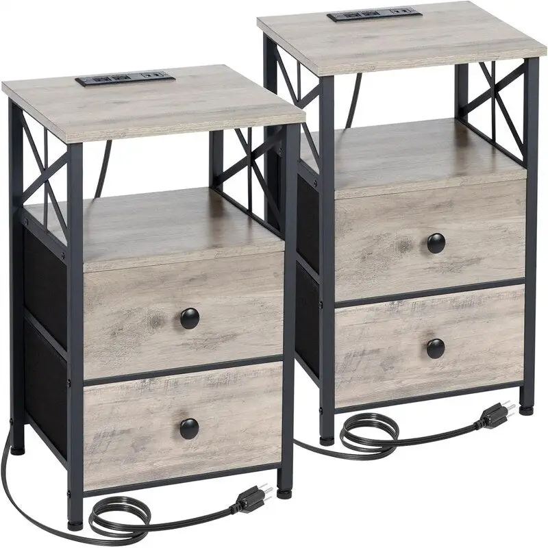 Nightstand with Charging Station and Fabric Drawers