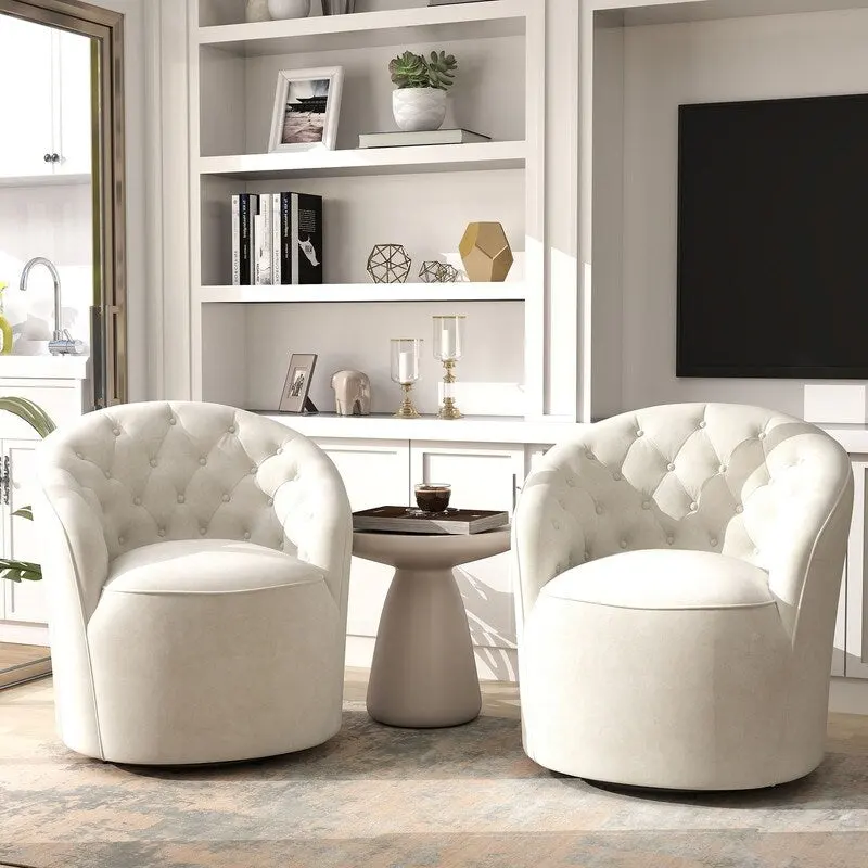 Modern Velvet Upholstered 360 Degree Swivel Barrel Chair with Button Tufted Back Set of 2