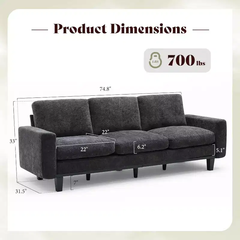 AMERLIFE 3 Seater Sofa 74.8in Deep Seat Couch with Metal Frame Support