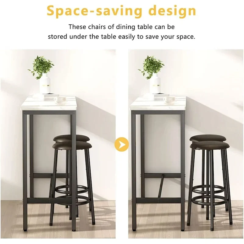 3 Piece Kitchen Pub Dining Set, Modern Faux Marble Counter Height Bistro Bar Table Set with 2 PU Leather Bar Stools