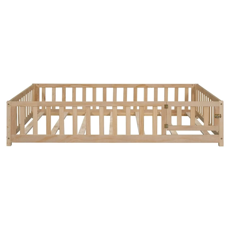 Natural / Grey / White Kids Floor Platform Bed with Fence & Door, Full Size, for 1 Child