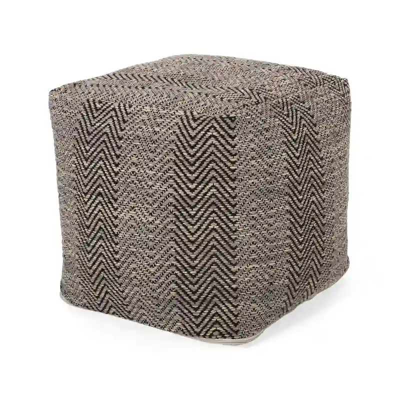 Hand-Crafted Cotton Cube Pouf, Chevron Pattern, Brown Beige Yellow