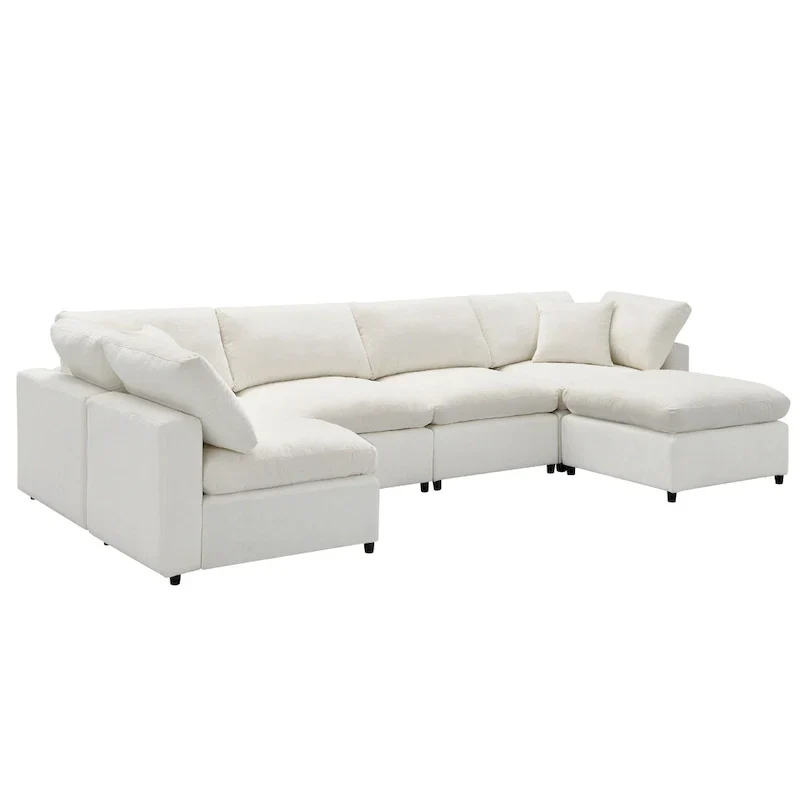 Beige 130 Chenille Cloud U-Shaped Sleeper Sectional Sofa, 6-Piece Modular Design