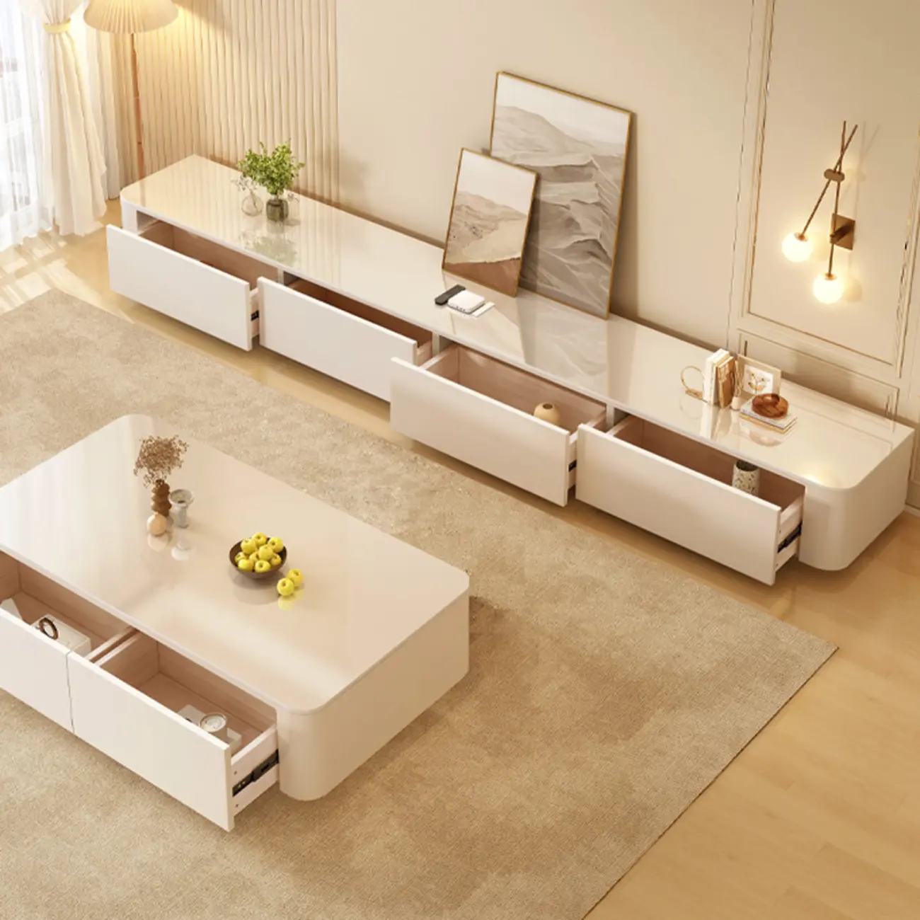 Modern Wooden TV Stand with Drawers and Cable Management