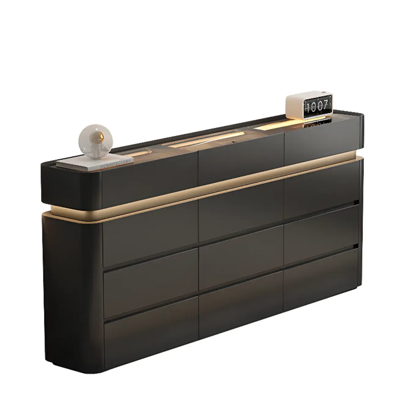 LED Light Wooden Glass Black Sideboard with Drawers Shelves