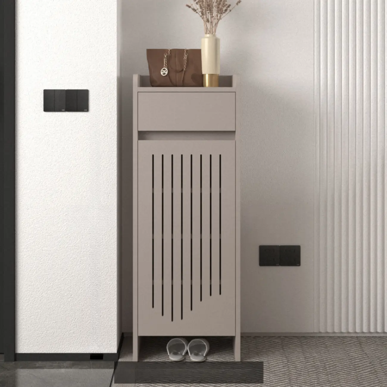 Modern Slim Wood Beige Entryway Shoe Cabinet