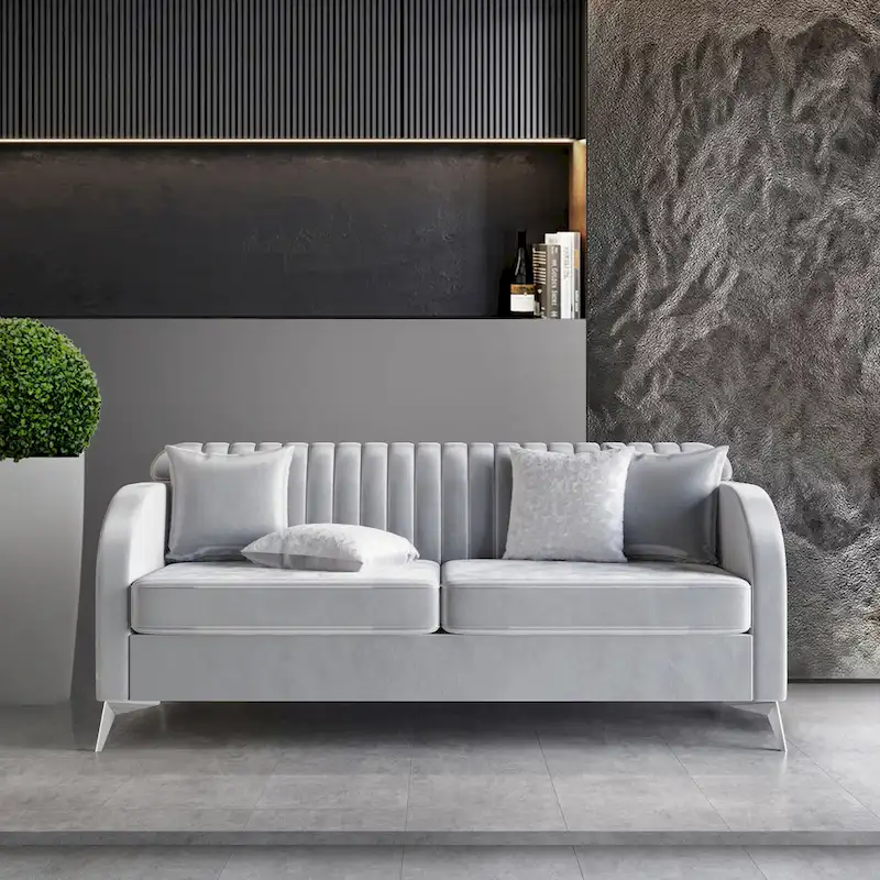 Silver Grey Velvet Channel Tufted Sofa, 3-Seater