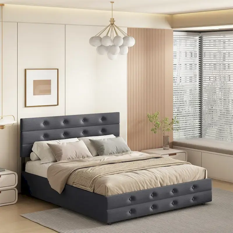 Grey/Light Beige Linen Queen Bed Frame with Trundle & 2 Drawers, Fits 1-2