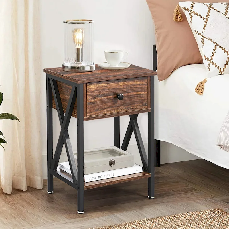Brown Wood Nightstand with Drawer and Metal Legs
