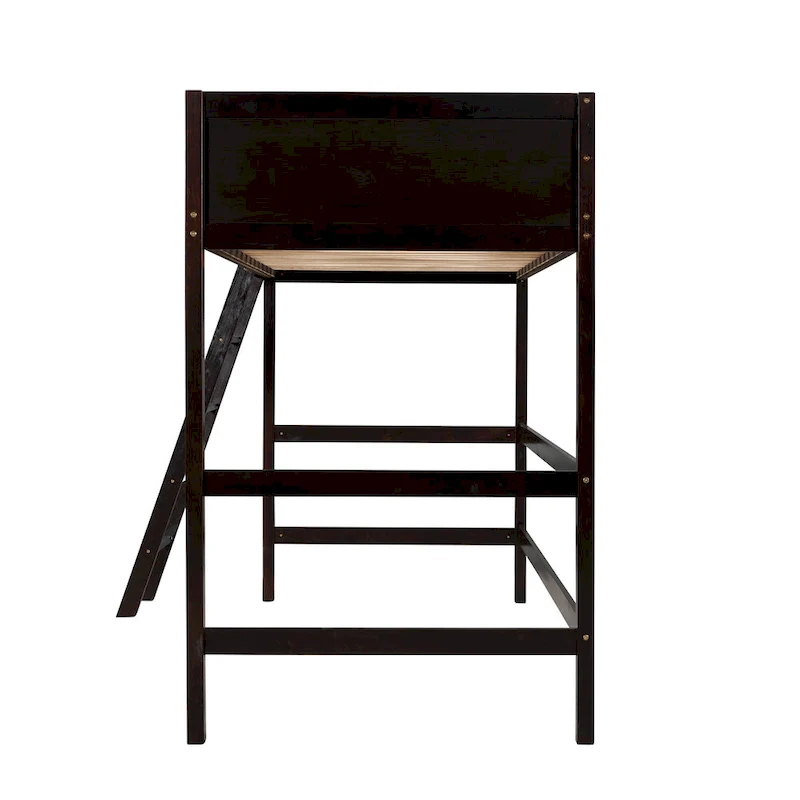Espresso Twin Solid Wood Loft Bed with Ladder & Fence