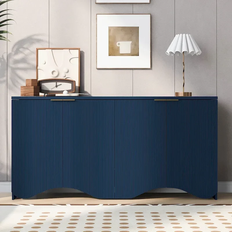 4-Door Sideboard Cabinet – Vertical Stripe & Wavy Panel, Navy Blue / White / Black, Seats 1