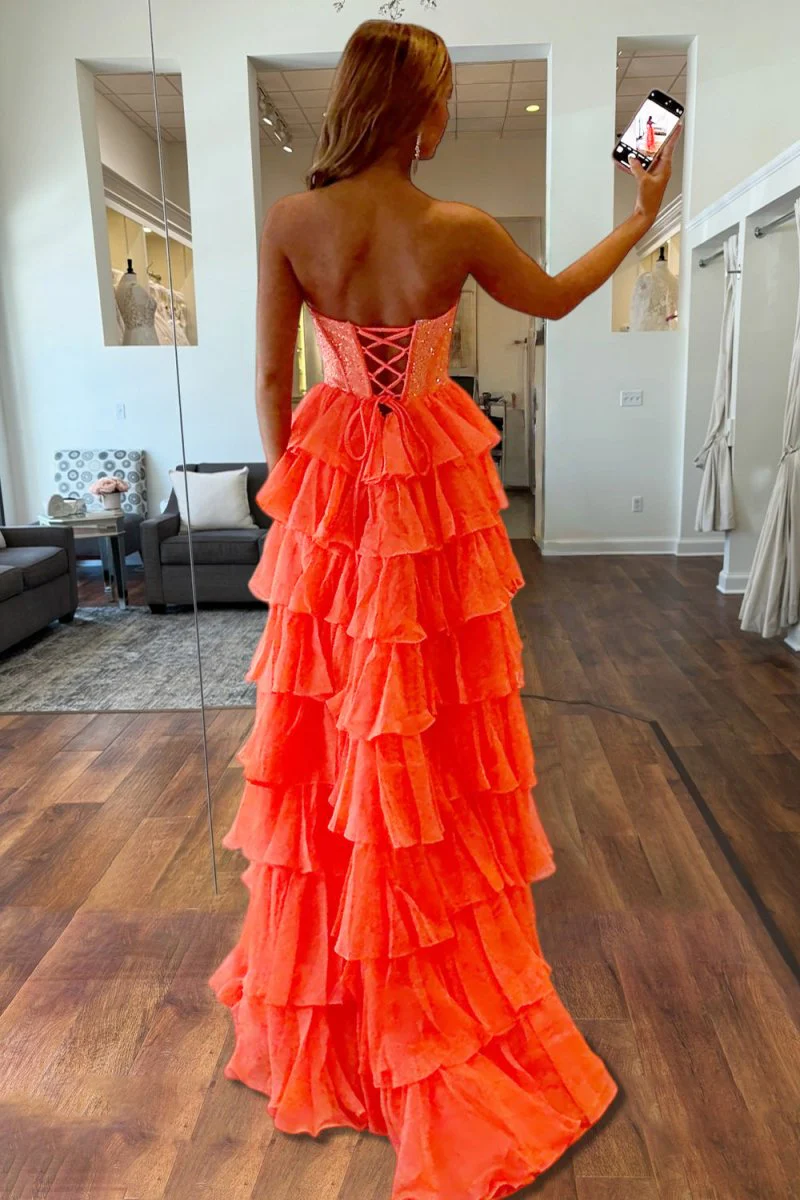 Orange - A Line Strapless Chiffon Beaded Corset Long Prom Dress With Slit
