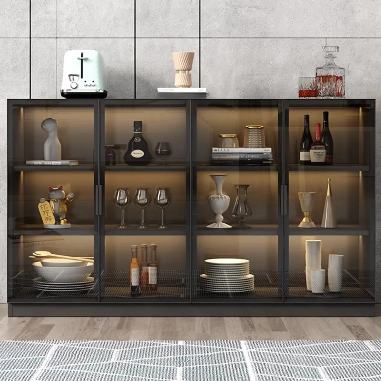 Large 3 Shelves Glass Wood Black Sideboard with LED Light