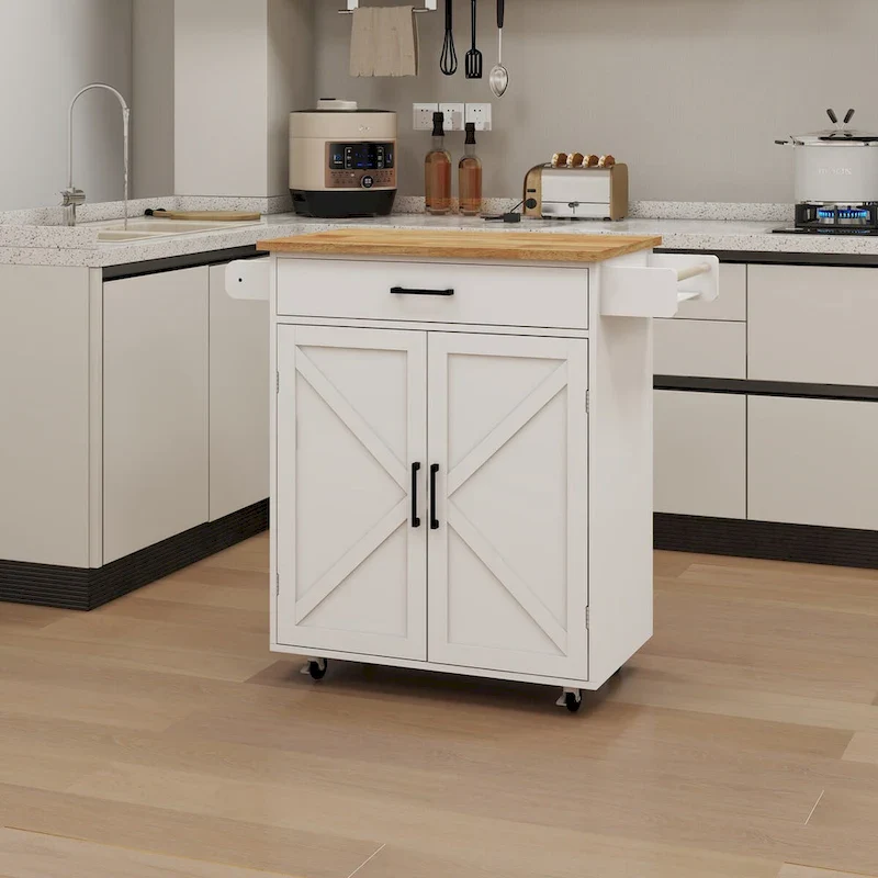 White Rubber Wood Kitchen Cart with Adjustable Shelves, Towel Rack