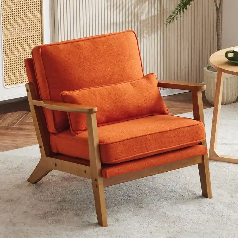 Upholstered Linen Blend Accent Chair with Wooden Legs and Pillow, Beige